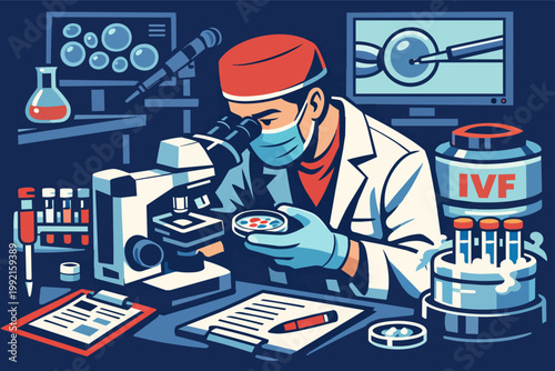 Scientist in laboratory performing ivf research, microscopic examination of cells for fertility treatment, reproductive medicine