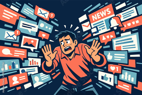 Person feeling stressed and anxious, bombarded by a flood of online notifications, news, and social media messages
