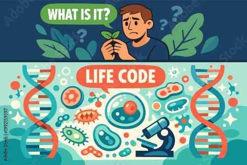 Man questioning life, holding a plant, learning about genetics, dna, and cells, discovering the code of existence