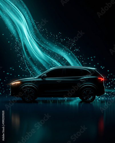 Side profile of a modern dark luxury suv driving through a tunnel of glowing blue neon light streaks representing speed with technology automotive performance abstract transportation innovative