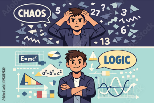 Person experiencing confusion and stress with numbers and shapes, then finding logic and order with equations and diagrams