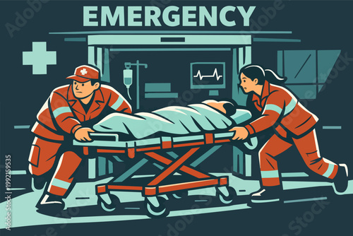 Emergency medical team rushing patient on a stretcher into a hospital, providing urgent healthcare and rescue