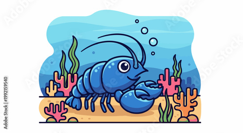 A vibrant cartoon illustration depicts a friendly blue lobster with wide eyes, residing amongst colorful coral and seaweed on a sandy seabed beneath wavy blue water