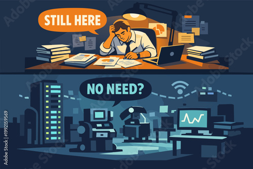 Manual worker feeling stressed and thinking still here while ai robots and computers pose the question no need?