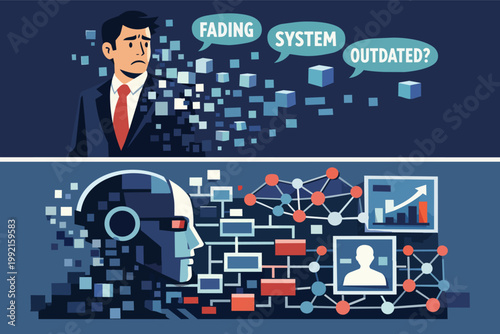 Human employee facing job obsolescence as ai and automation transform industries, making traditional systems outdated