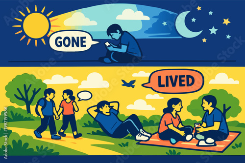 Person prioritizing screen time feeling life gone versus embracing nature and human connection feeling life lived