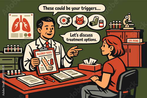 Doctor explaining allergy test outcomes and discussing treatment options to a patient, featuring allergy triggers and healthcare consultation