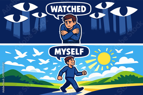 Overcoming social anxiety, shifting from feeling watched to finding freedom and self-acceptance, mental health journey