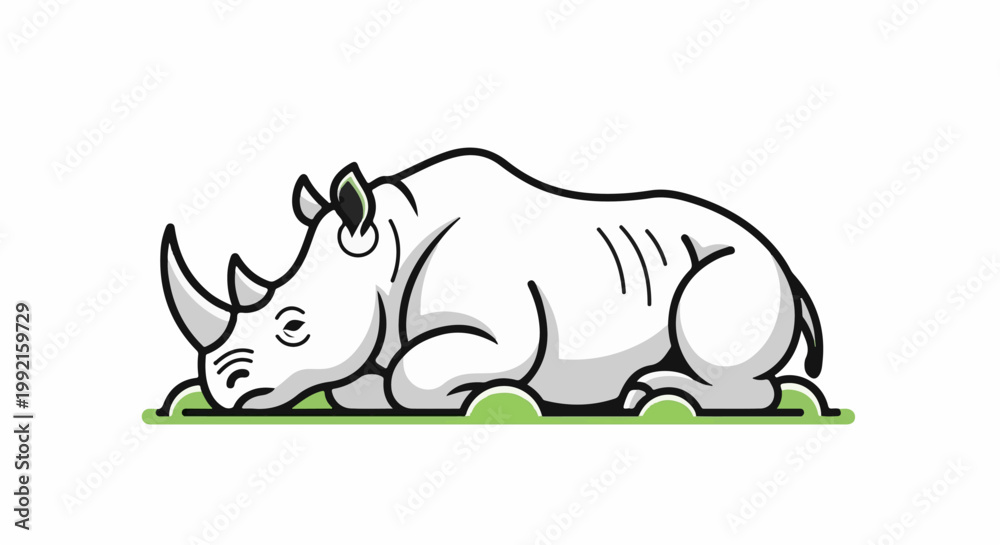 Fototapeta premium A stylized, white rhinoceros rests on a patch of green grass