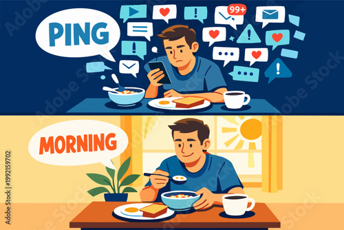 Man experiences digital addiction with social media notifications versus practicing mindfulness by savoring a quiet breakfast