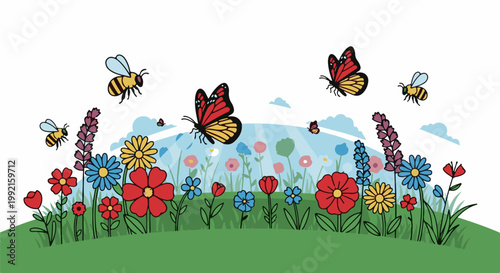 A vibrant, cartoonish garden scene unfolds with colorful flowers, buzzing bees, and fluttering butterflies under a bright, sunlit sky