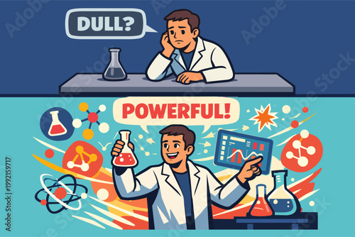 Scientist experiencing boredom and excitement with chemical experiments, contrasting dull research with powerful discovery moments