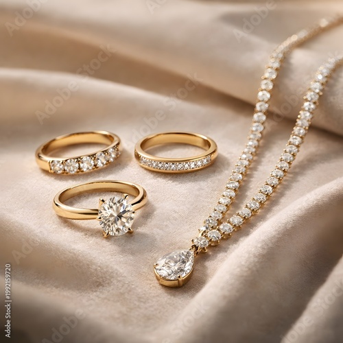 Elegant gold diamond jewelry set with rings and necklace accessories brilliant precious