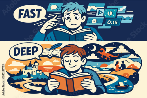 Contrasting reading styles with digital distraction versus deep immersive reading experience and imagination