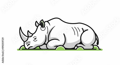 A stylized, white rhinoceros rests on a patch of green grass