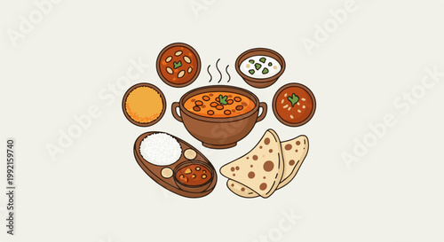 A vibrant, cartoonish illustration of a diverse Indian meal with various curries, rice, and flatbread