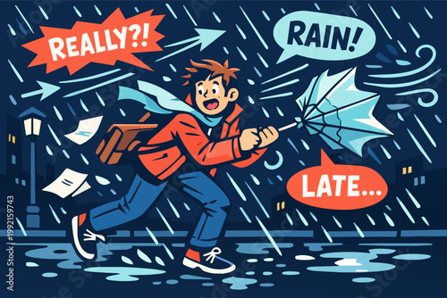 Man hurrying through a downpour, his umbrella struggling against fierce wind, experiencing a bad weather day