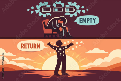 Burnout recovery showing a person transitioning from feeling empty and exhausted to re-energized at sunrise