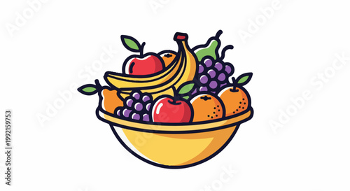 A vibrant, cartoonish illustration of a yellow bowl overflowing with assorted fruits