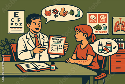 Doctor discussing allergy test results with a patient, diagnosing allergies and recommending treatment