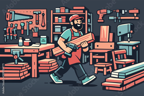 Carpenter working in woodworking workshop, carrying lumber and drill, surrounded by tools and furniture projects