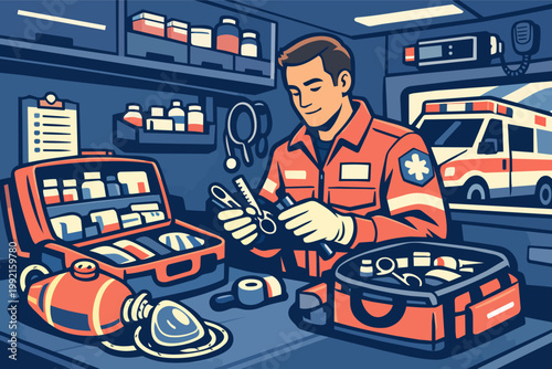 Paramedic preparing medical equipment for emergency aid in ambulance, ensuring healthcare readiness and rapid response