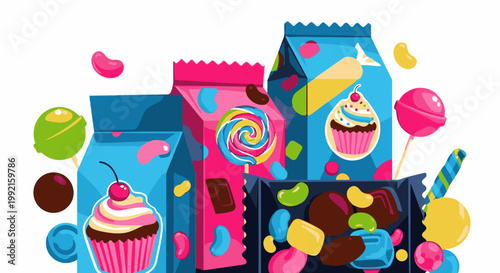 A vibrant, cartoon-style assortment of colorful candy and cupcakes