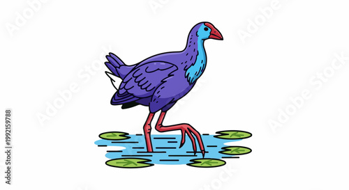 A vibrant, cartoonish purple bird with blue accents and red legs stands on lily pads