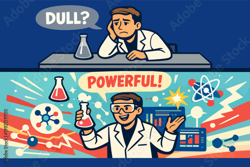 Scientist finding chemistry lab work dull versus discovering exciting, powerful potential, transforming perception