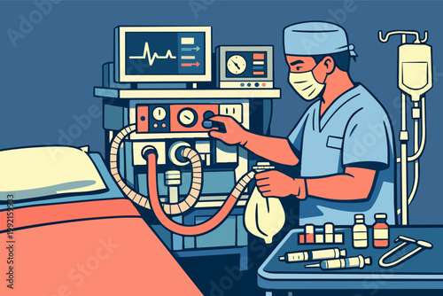 Medical professional maintaining ventilator and monitoring heart rate for patient in hospital intensive care unit
