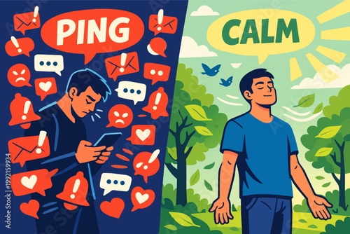 Comparing digital stress and nature therapy, a man finding peace by disconnecting from notification overload