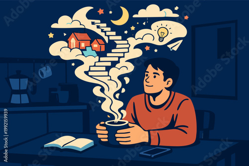Man drinking coffee at night, dreaming about achieving goals, future home, and new ideas rising from steam
