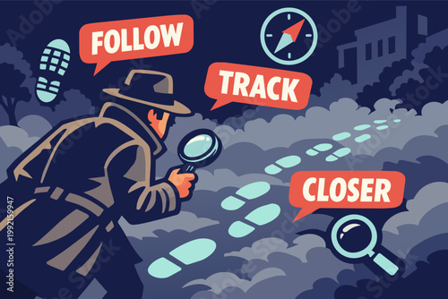 Detective tracing footsteps with magnifying glass, following clues and tracking a mystery in the dark