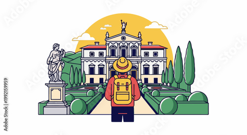 A tourist stands before a grand classical building with manicured gardens and a statue