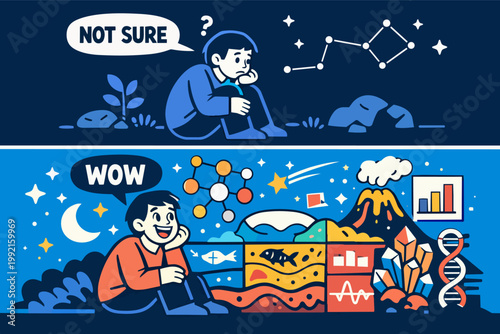 Boy transitioning from uncertainty to wonder, discovering complex scientific concepts from space to earth and dna