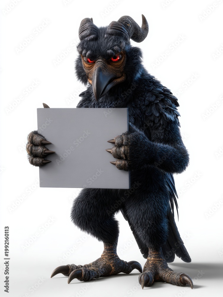 Fototapeta premium Anthropomorphic raven creature holding blank sign in studio