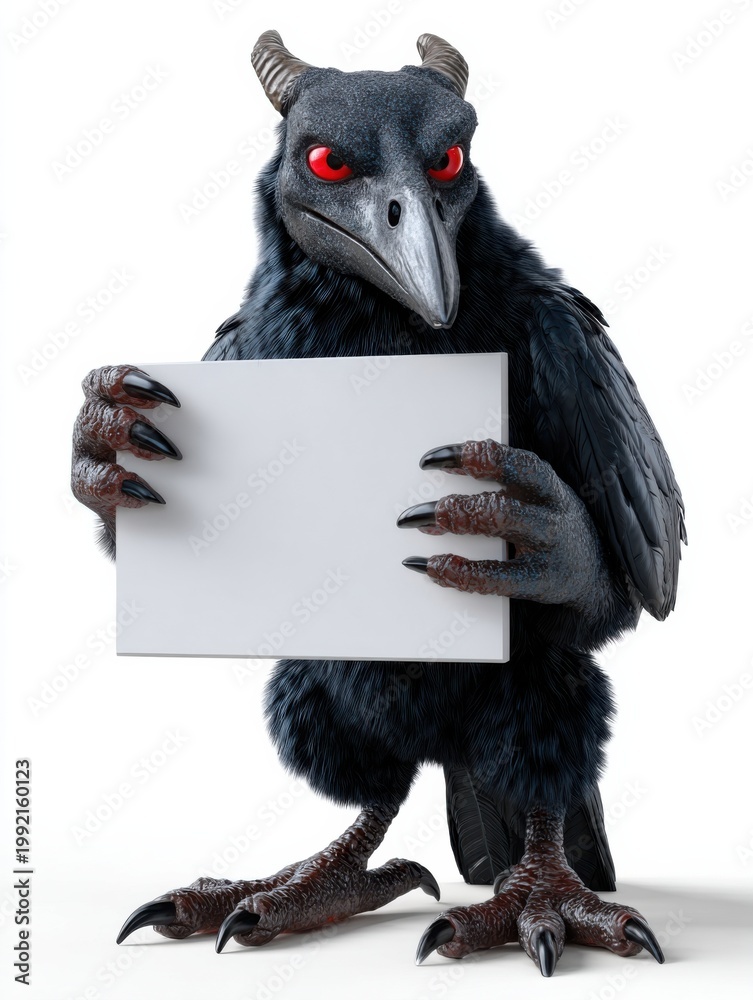 Fototapeta premium Anthropomorphic crow holding blank sign on white background