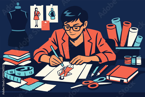 Fashion designer creating a new dress illustration on paper, surrounded by design tools and materials