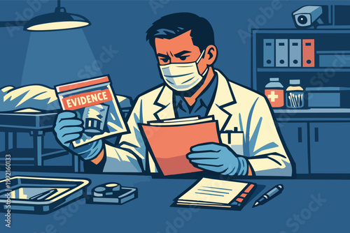 Forensic scientist examining crime scene evidence in laboratory, analyzing clues and investigating criminal cases