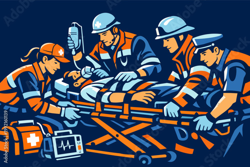 Paramedics providing urgent medical assistance, transporting an injured person with advanced life support, working collaboratively