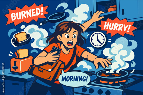 Stressed woman rushing, cooking burnt breakfast in a chaotic morning kitchen, experiencing time pressure and overwhelm