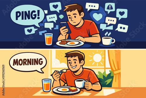 Man balancing phone addiction with digital detox, finding mindful morning routine and digital peace