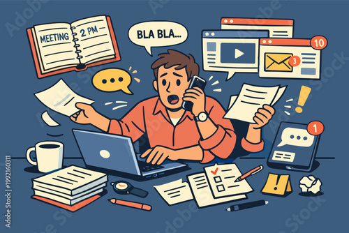 Overwhelmed businessman juggling multiple tasks and feeling stressed by excessive work, phone calls, and digital notifications