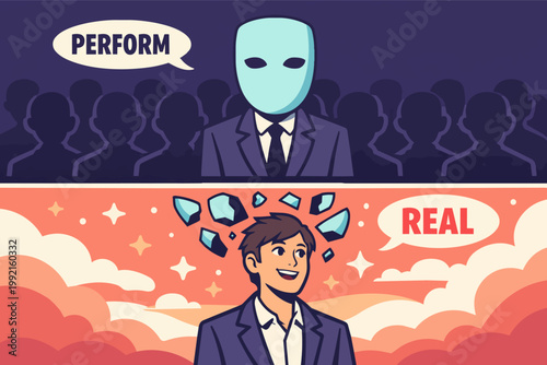 Person breaking mask of performance and embracing real self to achieve authenticity and identity