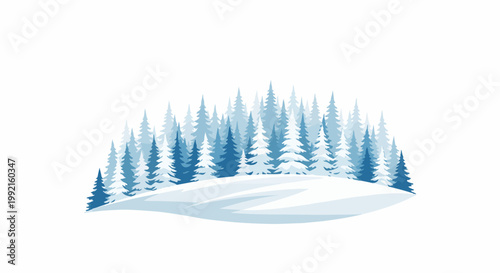 A stylized winter scene depicts a dense forest of snow-covered evergreen trees in varying shades of blue