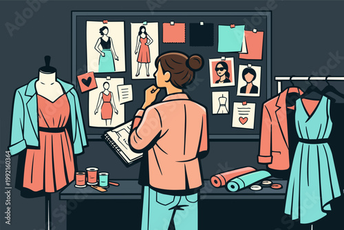Fashion designer creating new clothing collection, sketching ideas, and reviewing designs on a mood board in a creative studio
