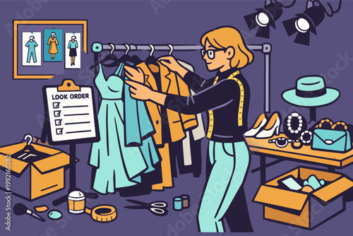 Fashion stylist preparing clothing and accessories for a photoshoot backstage, creating perfect looks