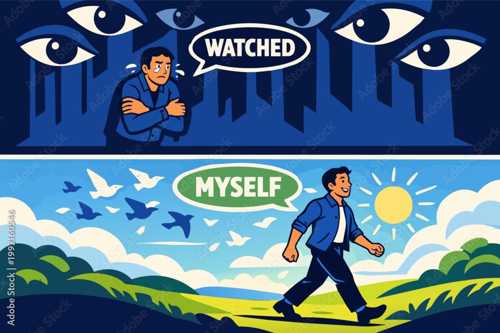 Fototapeta premium Comparing anxiety of being watched with self-acceptance, finding freedom from public scrutiny and embracing mental growth