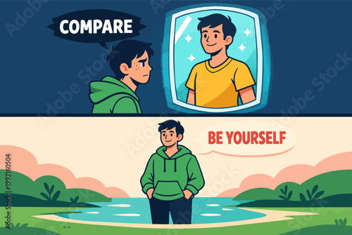 Young man struggling with self-comparison, then finding self-acceptance and confidence feeling good outdoors