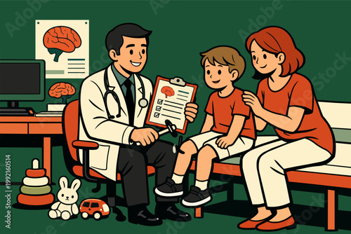 Pediatrician checking boy's reflexes during a neurological consultation with his mother present